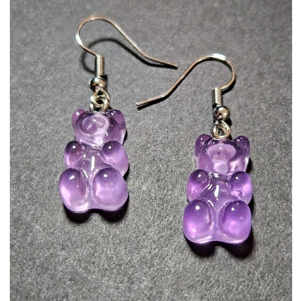 Silver Tone Pastel Purple Dangling Gummy Bear Earrings Fun Colorful